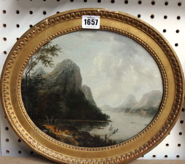 Continental School (c.1800), Lake scenes, a pair, oil on metal, oval, each 21cm x 26cm.(2)