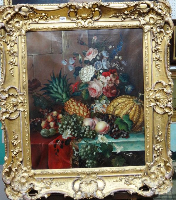 Circle of George Lance, Still life of fruit and flowers on a marble ledge, oil on canvas,