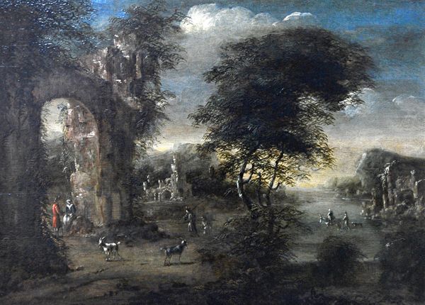 Dutch School (18th century), Landscapes with figures and goats amongst ruins, a pair, oil on panel, each 27cm x 37cm.(2) Illustrated