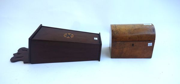 A George III inlaid mahogany candle box with pierced fret back, 17cm wide, together with a Victorian walnut dome top twin division tea caddy, 20cm wid