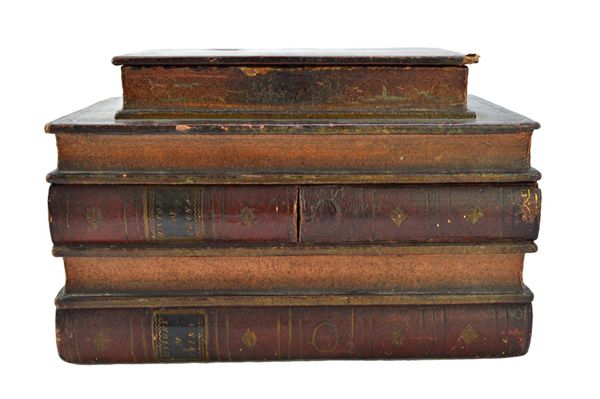 A George III novelty tea caddy, formed as a stack of books, the sliding spine revealing a lock, the interior with three lidded caddies, 22cm wide. Ill