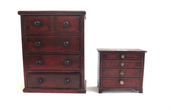 A 19th century mahogany miniature chest of two short and three long drawers, 21cm wide, together with another miniature chest of four long graduated d