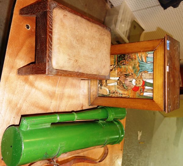 A small walnut wall cabinet painted with Dick Whittington, a small oak stool and a vintage green fire extinguisher, (3).