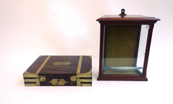 An early 19th century brass bound rosewood rectangular artist's paint box, with fitted interior, 33cm wide, together with a small glazed mahogany hang