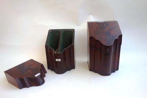 A George III inlaid mahogany serpentine slope front knife box, 22cm wide, together with another similar, 23cm wide, (2).