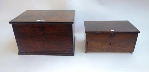 A small 18th century oak trunk with fitted interior, 40cm wide, together with a scumble faux oak box with lift top and single drawer, 35cm wide, (2).