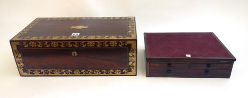 An early 19th century brass inlaid rosewood writing slope, with fitted interior, 51cm wide, together with a 19th century rosewood lap desk with angle