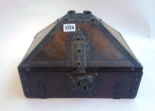 An early 20th century Indian metal bound box, with external lock and loop handle, 31cm wide, together with a 19th century black lacquer chinoiserie re