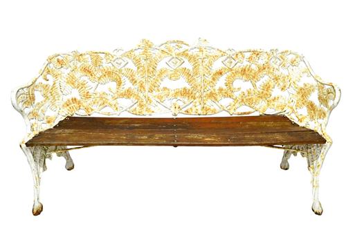 John Gray & Co, Glasgow 1855-1895, a white painted garden bench in a variant of the 'Fern and Berry' pattern, with slatted wooden seat, 105cm high, Il