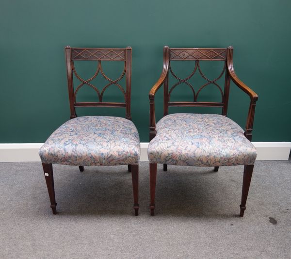 A set of six George III mahogany framed dining chairs, with interlaced splat back and bow seat, on tapering square supports. (6)