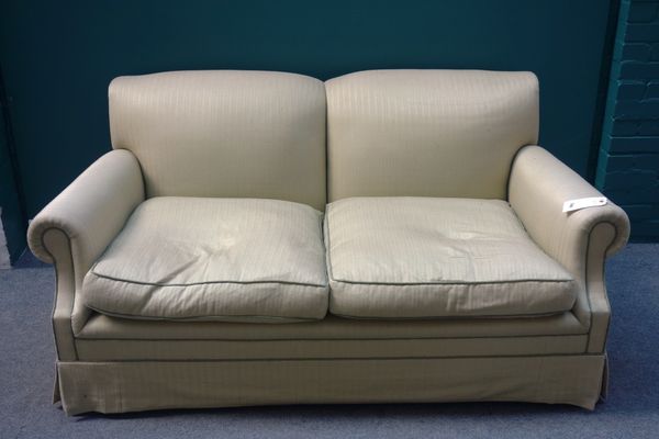 A 20th century green upholstered sofa, with scroll over back and arms, 173cm wide.