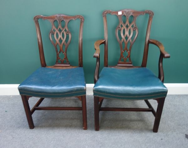 A set of eight mid-18th century style mahogany framed dining chairs, with interlaced splats on square supports, to include a pair of carvers. (8).