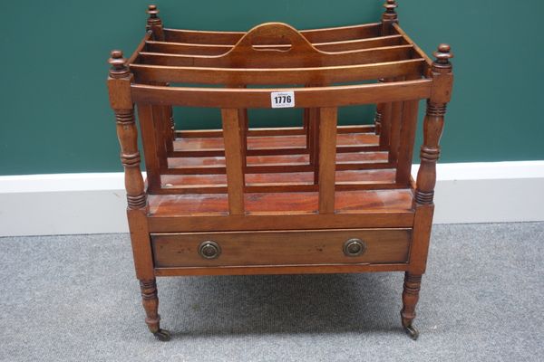 A George IV mahogany four division Canterbury, with single drawer on turned supports, 47cm wide.