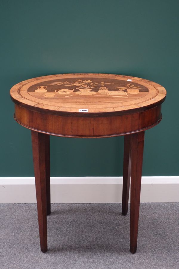 A 19th century Continental marquetry inlaid walnut oval occasional table, on square tapering supports, 62cm wide.