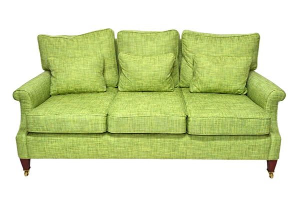 'Howard Chairs LTD, London, England'; a pair of 20th century green upholstered three seat sofas on tapering square supports, each back leg stamped, 18