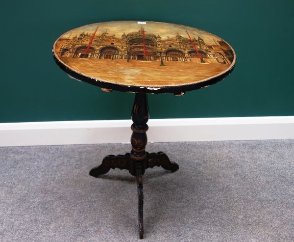 A 19th century ebonised circular occasional table, the top with mother of pearl inlay and overpainted print of The Basilica of St Marco, Piazza St Mar