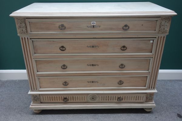 A 19th century secretaire commode, the white marble inset rectangular top over a grey painted base of five long graduated drawers, the top with fitted