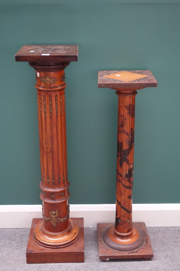 A gilt metal mounted fruitwood jardiniere stand, with fluted column and square base, 105cm high, together with a similar decorated pedestal in the Jap