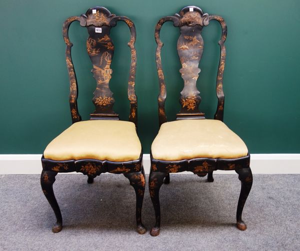 A 19th century set of six Anglo-Dutch japanned dining chairs in the 18th century style, each with vase back and shaped seats on cabriole supports. (6)