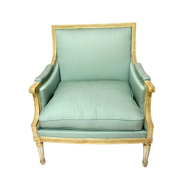 In the manner of George Jacob; a large Louis XVI style square back fauteuil, with semi-padded arms and straight seat, on tapering fluted supports. Ill