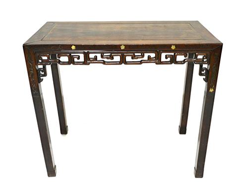 A 19th Chinese mother of pearl and brass inlaid side table, possibly huanghuali, with cloud carved frieze on block supports, 77cm wide x 42cm deep x 6