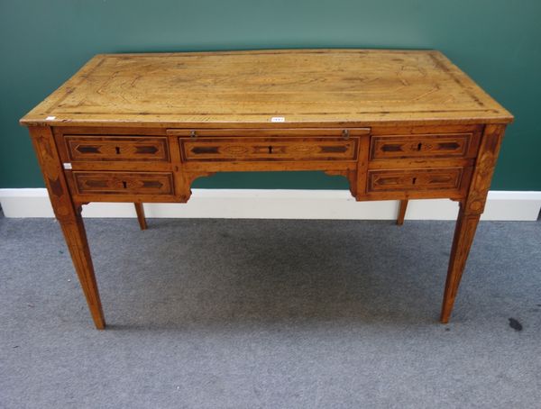 An 18th century Italian parquetry inlaid bureau plat, with five frieze drawers, on tapering square supports, 126cm wide.