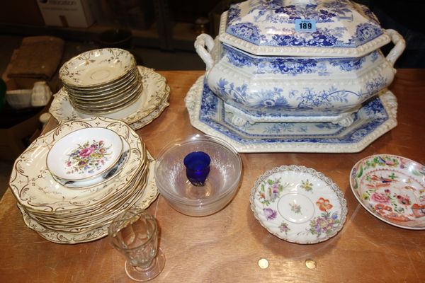 A quantity of ceramics including small Oriental dish, a Dresden salver, a blue and white tureen part tea set and sundry, (qty)