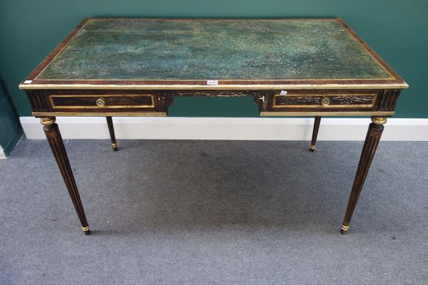 A Louis XVI style parcel gilt faux rosewood painted bureau plat, with pair of frieze drawers, on tapering turned fluted supports, 115cm wide.