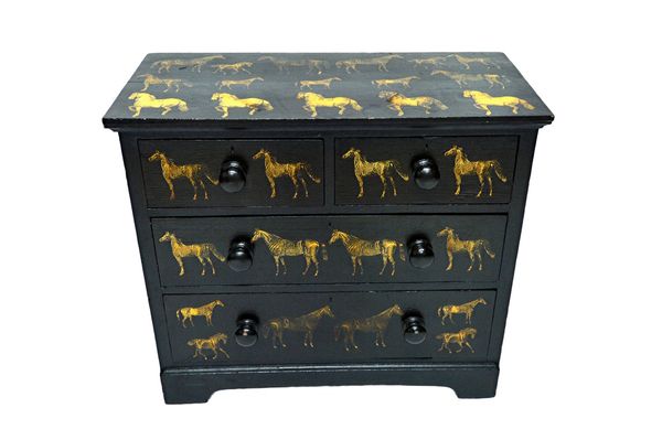 A 19th century chest of two short and two long drawers, on bracket feet, later ebonised and decoupage decorated with horses, 92cm wide. Illustrated