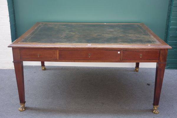 A late 19th century Continental mahogany library centre table, with four true and two dummy frieze drawers, on tapering square supports and gilt metal