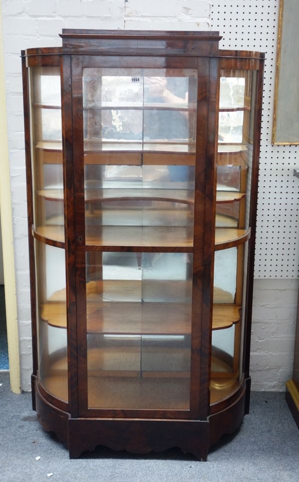 A pair of Biedermeier style mahogany framed vitrines, each with glazed central door flanked by rounded corners, 95cm wide x 161cm high, (2).