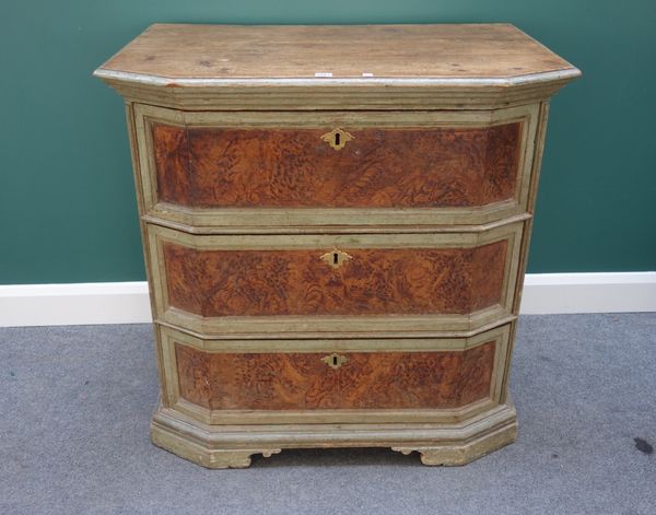 A pair of 17th century style painted pine Italian chests, each with three long canted drawers, 87cm wide, (2).