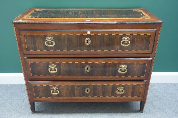 A late 18th century German rosewood mahogany and satinwood commode, with three long drawers, on gilt metal mounted canted square supports, 113cm wide.