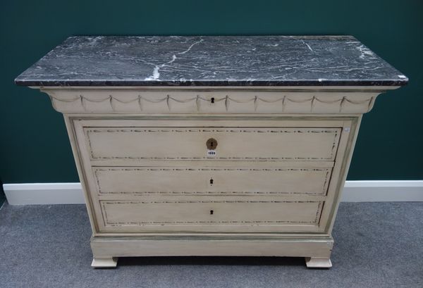 A 20th century French commode, the grey marble top over a cream and green painted base of four long graduated drawers, on splayed square feet, 124cm w