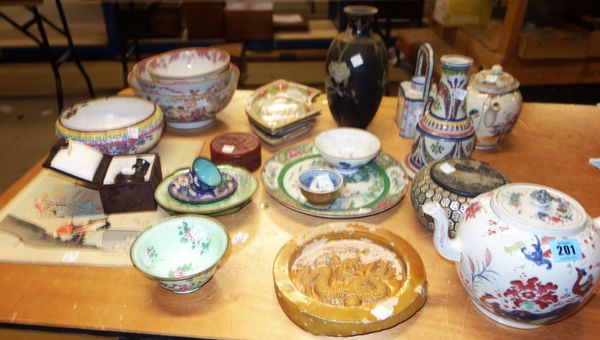 A quantity of Oriental ceramics including tea pots, vases, bowls, pottery roundel moulded with dragon and sundry, (qty)