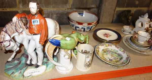 A quantity of ceramics, including a Staffordshire figure of 'Garibaldi', a Staffordshire frog mug and assorted 18th century and later ceramics, (qty)