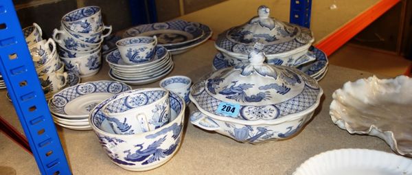 An 'Old Chelsea' blue and white pattern part dinner and tea set and a quantity of white glaze dinner and tea wares including Derby, (qty)