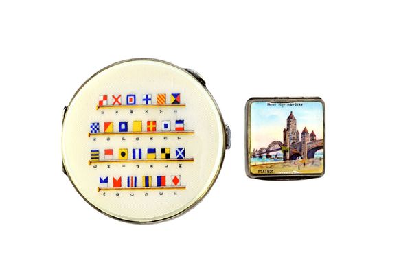 A lady's silver and enameled circular powder compact, the cover decorated with enameled signalling flags from A-Z fitted with a mirror within, Birming