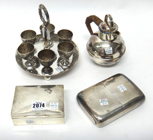 A silver rectangular table cigarette box (some of the interior wooden lining lacking), London 1909 and plated wares, comprising a six cup egg cruet st