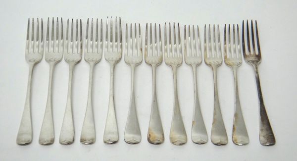 Six Old English pattern dessert forks, London 1832 and six Old English pattern dessert forks, London 1843, combined weight 446gms (12).