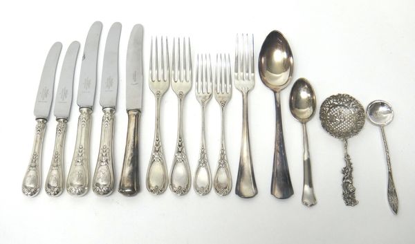 Mostly German table flatware, comprising; two table forks, two dessert forks, two table knives with steel blades, two cheese knives with steel blades,