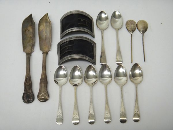 Silver table flatware, comprising; a set of six teaspoons, with bright cut engraved decoration, probably London 1801, two further teaspoons, London 18