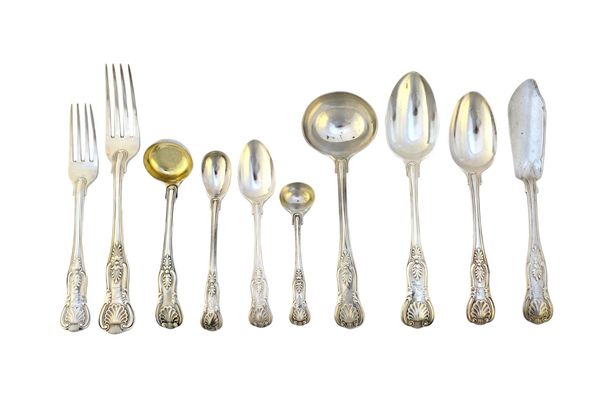 Silver King's pattern table flatware, mostly Victorian, comprising; six table spoons London 1871, four table spoons London 1865, four dessert spoons L