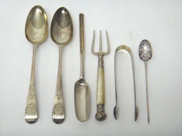 Silver, comprising; a pair of Old English pattern tablespoons, having bright cut engraved decoration, London 1790, a marrow scoop, London 1749, a mote