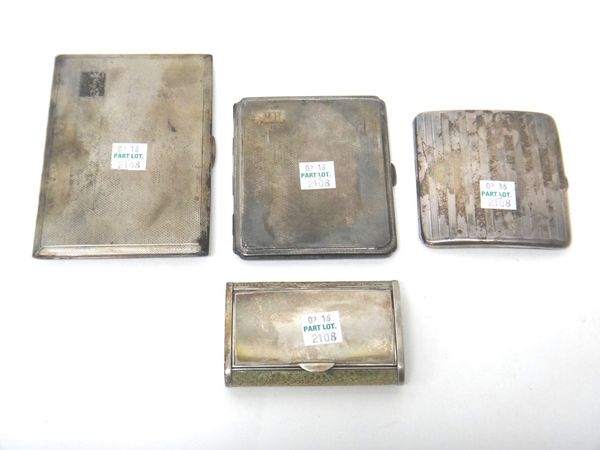 Silver, comprising; a partly shagreen covered lady's cigarette case, London 1928 and three rectangular cigarette cases, the smallesst by Asprey, Londo