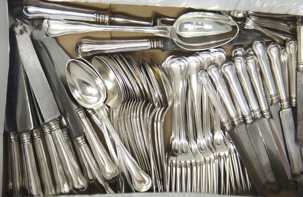 A French Christofle plated table service, comprising; seventeen steel bladed table knives, eighteen steel bladed cheese knives, eleven teaspoons, eigh