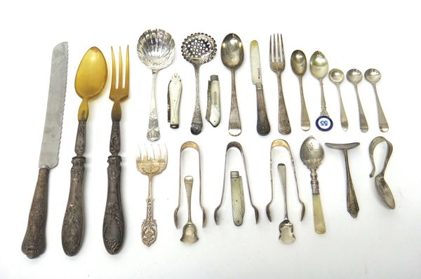 Mostly silver, comprising; two two piece christening sets with cases, a cream ladle, a sugar sifting spoon, three mother of pearl folding fruit knives