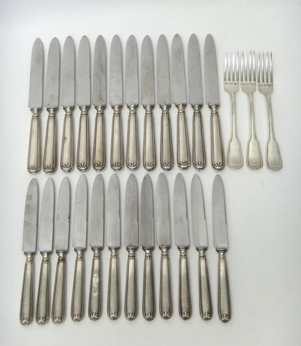 Italian stylized fiddle, thread and shell pattern table flatware, comprising; three table forks, twelve steel bladed table knives and twelve steel bla