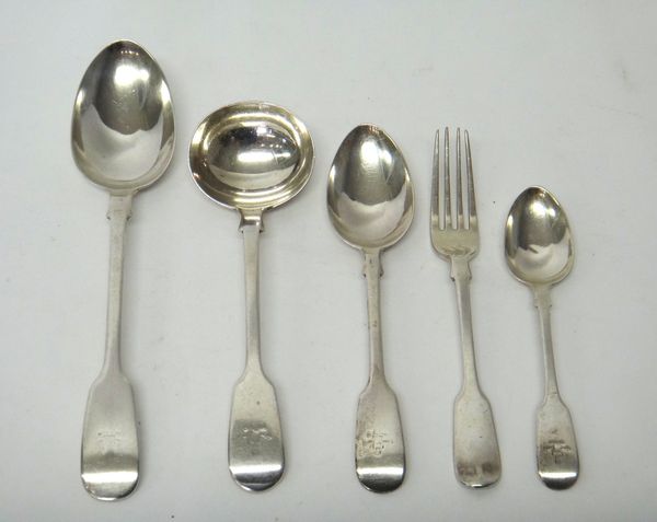 Silver Victorian fiddle pattern table flatware, comprising; ten tablespoons, nine dessert spoons, nine dessert forks, three sauce ladles, two egg spoo