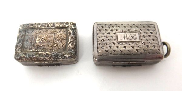 Two rectangular vinaigrettes, having engraved decoration, both badly damaged, combined weight 26gms (a.f). (2)